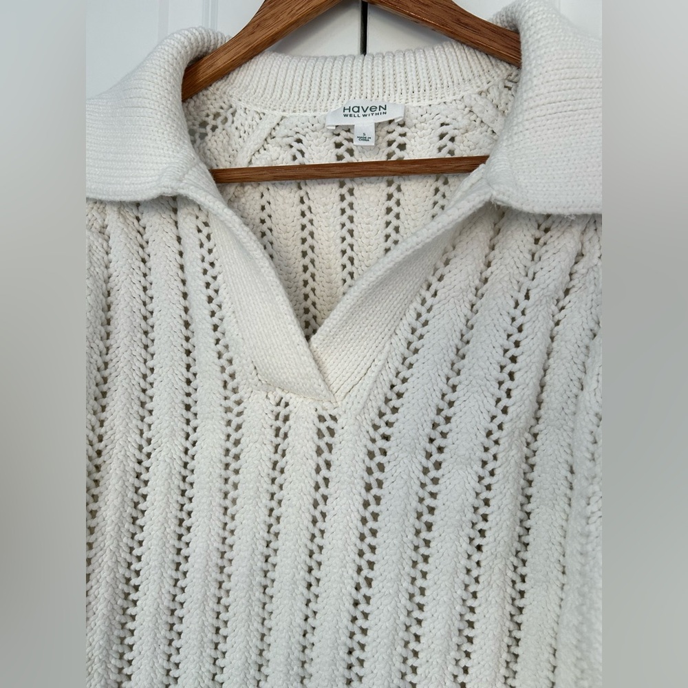 Haven Well Within Open Stitch Johnny Collar Sweater cream color size small - Picture 5 of 6